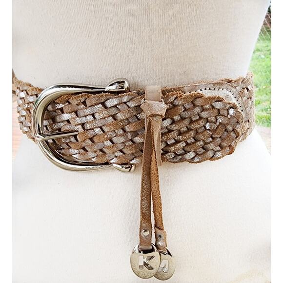 Michael Kors Distressed Braided Leather Belt Wide Western Boho Silver Charm L main image 8
